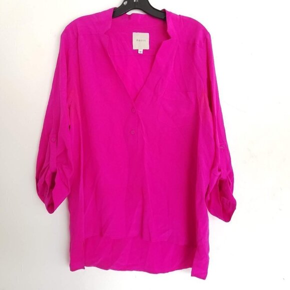 Mason V-Neck Silk Cuff Sleeves High Low Blouse Top - Picture 1 of 11